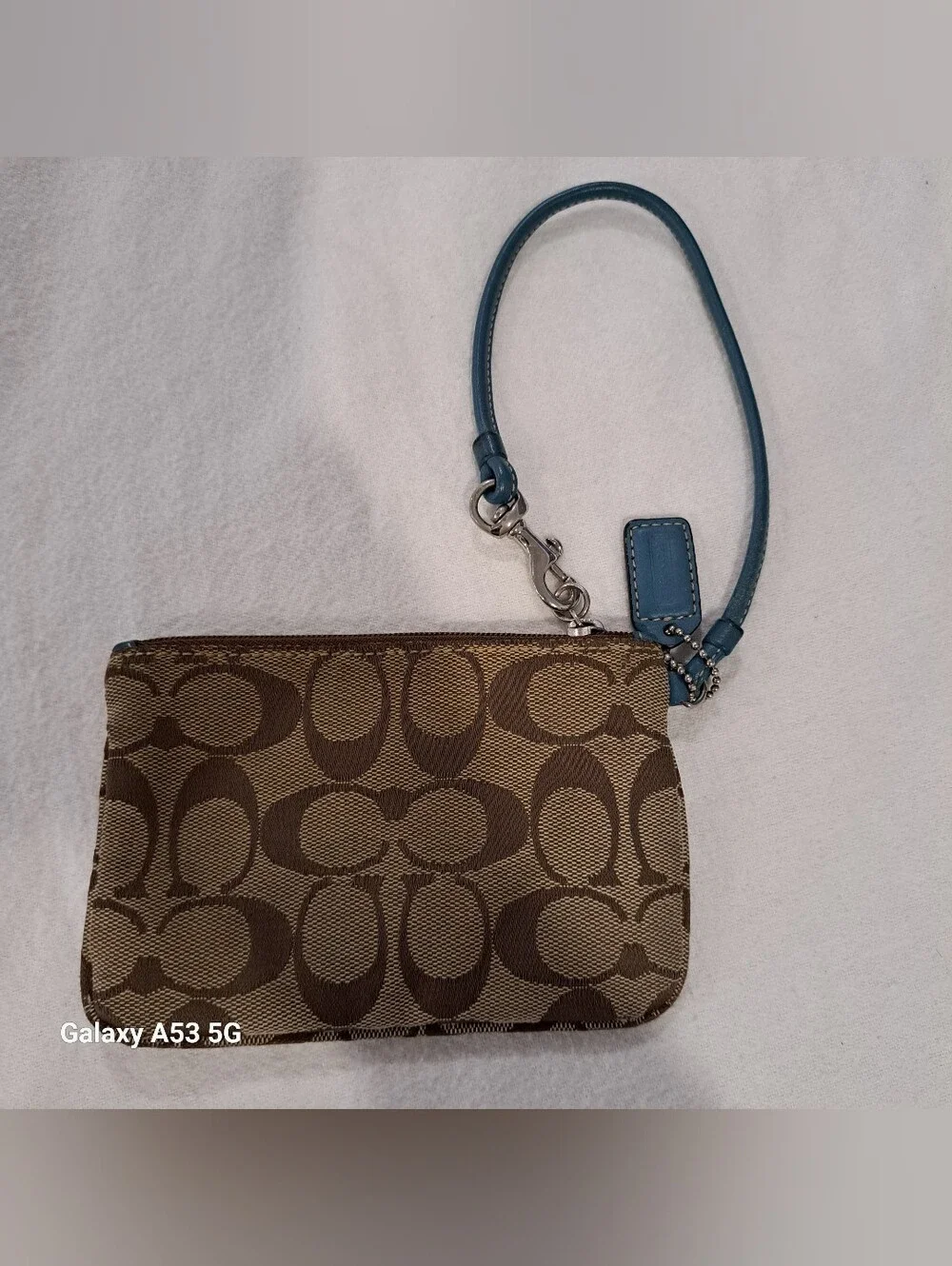 Coach Signature Canvas Wristlet in Brown with Teal Trim